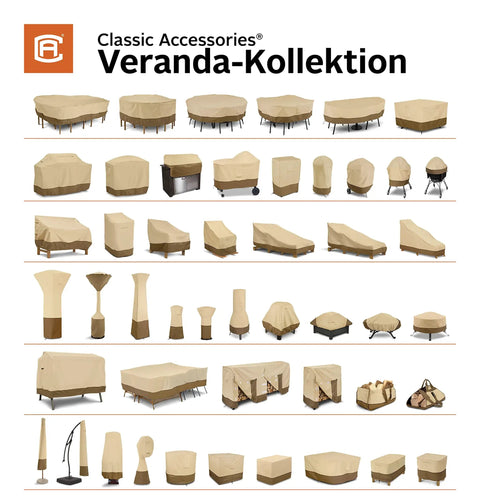 Various Veranda collection covers for outdoor furniture, including chairs and tables, highlighted in a catalog layout.