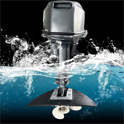 Whale Tail Hydrofoil Stabilizer Fin Kit on outboard motor, universal fit, 14.5 inch high, 17 inch wide, in water action view