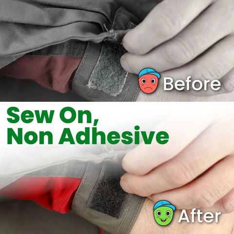 Heavy Duty Sew On Hook And Loop Tape For Fabric 3 4 Inch By 33 Feet Black shown before and after application on fabric.
