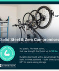 Two Pack Black Garage Bike Hangers Wall Mounts For Indoor Storage, Vertical Bicycle Rack on wall holding bikes at 62 degrees