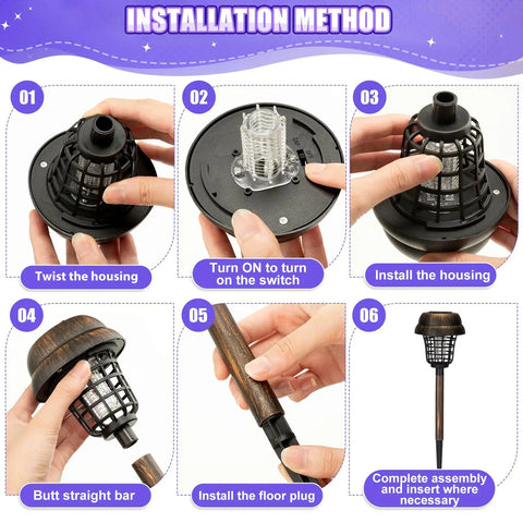 Installation steps for 4 Pack Solar Mosquito Zappers Outdoor Waterproof Bug Zapper Light For Garden And Yard Solar Powered Insect Killer Lamp With Purple And Flame Light And Bronze Finish