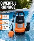 Heavy Duty Workhorse Submersible Sump Pump Featuring Reliable Automatic Float Switch For Rapid No Sweat Water Drainage With 0.5Hp 110V High Capacity Motor in a pool.