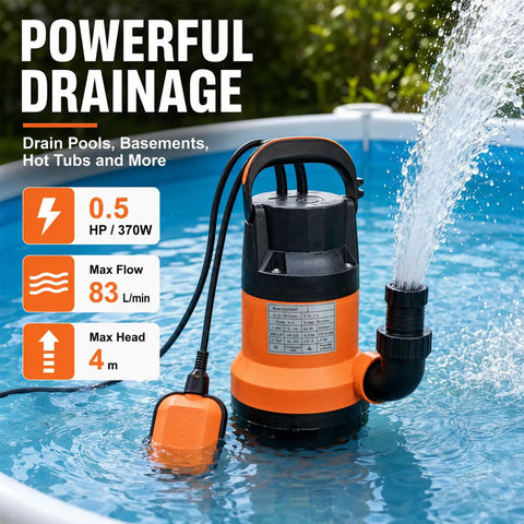 Heavy Duty Workhorse Submersible Sump Pump Featuring Reliable Automatic Float Switch For Rapid No Sweat Water Drainage With 0.5Hp 110V High Capacity Motor in a pool.