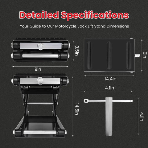 Beefed Up 1300 Lbs Motorcycle Jack With Thick 0.48 Inch Rubber Pad And Upgraded Anti Slip Bottom Wide Deck Carbon Steel Dirt Bike Center Stand With Chain Brush And T Handle For ATV Black dimensions.