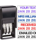 No Sweat Self Ink Date Stamp With Customizable 2025 Calendar And Fully Flexible Phrasing For Office Paperwork Fast Drying Imprint showing text examples.