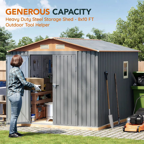 Side view of durable 10 by 8 ft metal storage shed with floor frame, lockable doors, vent panels, and window in a backyard.