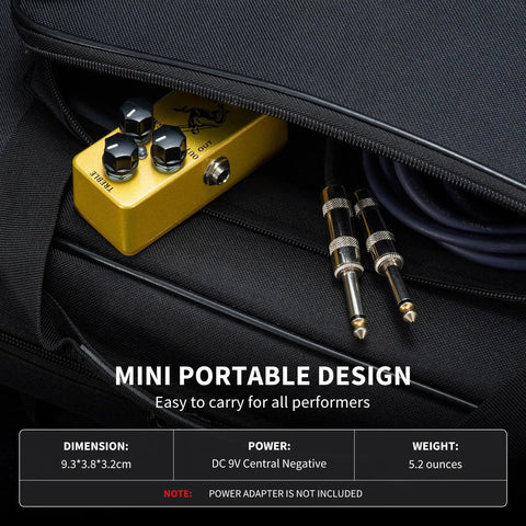 Golden Horse Overdrive Tone Pedal for Electric Guitar with True Bypass Two Voice Modes in a gig bag with cables displayed.