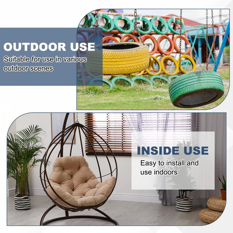 Outdoor and indoor scenes with colorful tire swings and a cozy chair, illustrating use points for M10 Eye Bolt 50mm Thread Stainless Steel 304 Two Pack With Lock Nuts And Flat Washers For Hanging Hammocks And Lift Rings Heavy Duty Hardware Set For Secure Outdoor Use In Home And Garden.