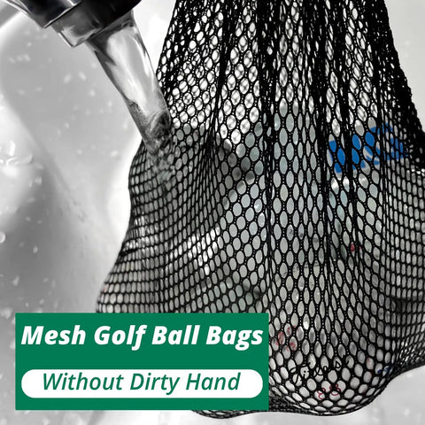 Water rinsing 2 Pack Nylon Mesh Bags With Drawstring for golf ball storage, lightweight and breathable mesh under faucet.