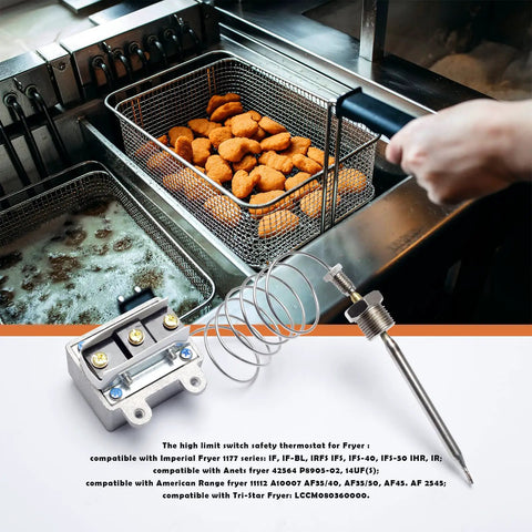 High Limit Fryer Switch LCCM2003000 Replacement for ATOSA 301030005 with gas fryer and cooked food in basket