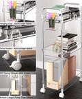 Clear 3 Tier Acrylic Rolling Storage Cart With Four Extension Poles For Tall Items And Bottles Laundry Room Bathroom Office Or Living Room Organization Mobile Multifunction Shelving Unit with visible hanging cup and extra hooks.