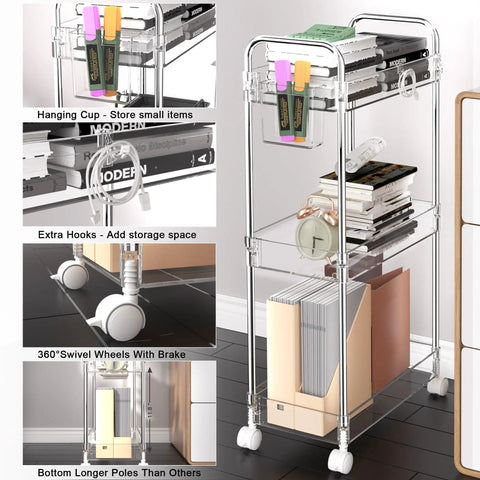 Clear 3 Tier Acrylic Rolling Storage Cart With Four Extension Poles For Tall Items And Bottles Laundry Room Bathroom Office Or Living Room Organization Mobile Multifunction Shelving Unit with visible hanging cup and extra hooks.