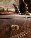 Antique brass cabinet knob on wooden drawer showcasing retro design for 6 Pack Cabinet Knobs Antique Brass Zinc Alloy Backplates Kitchen Drawer Pulls Bathroom Handles Furniture Hardware Upgrade Your Setup With This Solid Retro Vibe And Super Slick Metallic Shine.