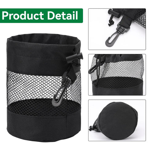 2 Pack Go-To Golf Ball Storage Bags With Nylon Mesh Pouches Drawstring Detail and Clip, Black, Washable Polyester