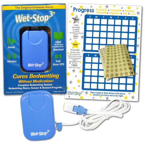 Blue Bedwetting Alarm With Loud Sound And Strong Vibration For Boys And Girls Enuresis Alarm With Six Tones And Vibration Alerts Go To Compact Sensor Unit That Uses 2 AAA Batteries And Is Easy To Clean, with sensor and reward chart