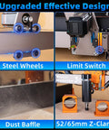 FoxAlien Masuter 3S CNC router front view with steel wheel rollers and blue glow
FoxAlien Masuter 3S CNC router side view showing limit switch and blue fittings
FoxAlien Masuter 3S CNC router dust baffle deflecting debris during operation
FoxAlien Masuter 3S CNC router shows 52/65mm Z-clamp mounting setup