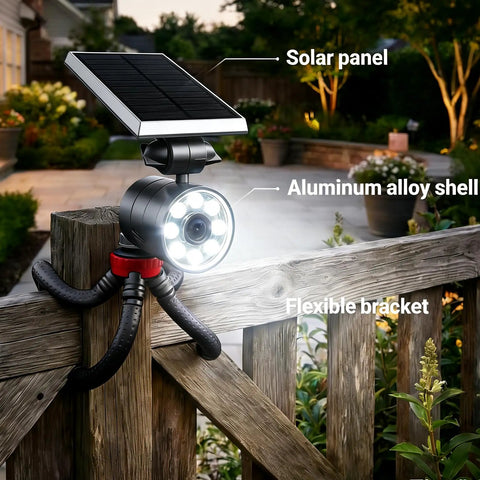 Ultra Bright Solar Motion Light Outdoor Waterproof Security Spotlight Motion Activated With Flexible Tripod Aluminum Floodlight mounted on a fence.