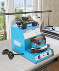 No Sweat Commercial Steam Iron With Four Liter Tank Pro Grade Industrial Steamer For Garment Shops And Hotels on a table with garments.