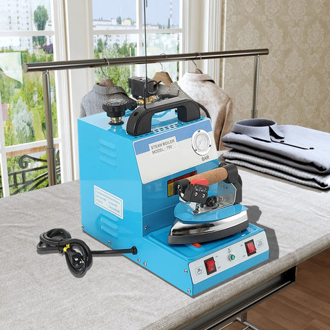 No Sweat Commercial Steam Iron With Four Liter Tank Pro Grade Industrial Steamer For Garment Shops And Hotels on a table with garments.