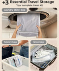 Rechargeable Air Pump Vacuum Bags For Travel Pack Kit with shoe, laundry, and toiletry bags shown in luggage and washer.