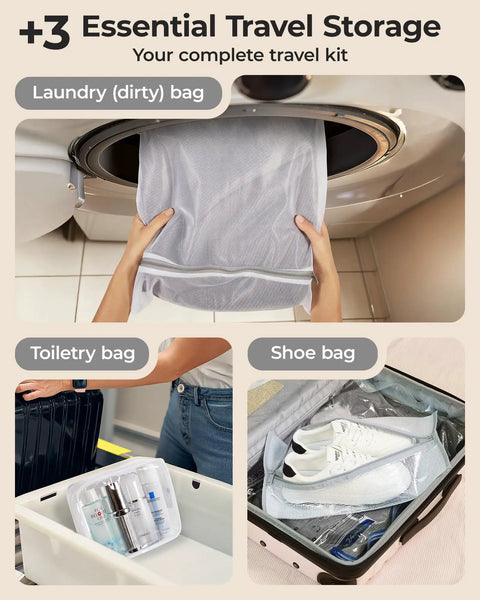 Rechargeable Air Pump Vacuum Bags For Travel Pack Kit with shoe, laundry, and toiletry bags shown in luggage and washer.