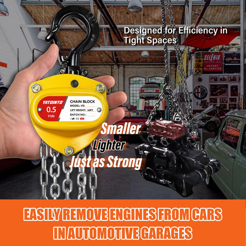 Half Ton Chain Hoist, Ultra Lightweight And Compact, 10 Foot Lift, 11 Inch Low Headroom, for garage engine removal
