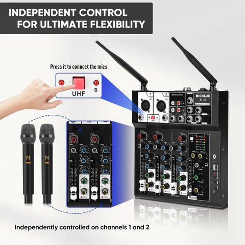 4 Channel Audio Mixer For Karaoke And DJ Sessions With Dual Wireless Microphones Independent Mic Control Bluetooth MP3 USB Interface 48V Phantom Power