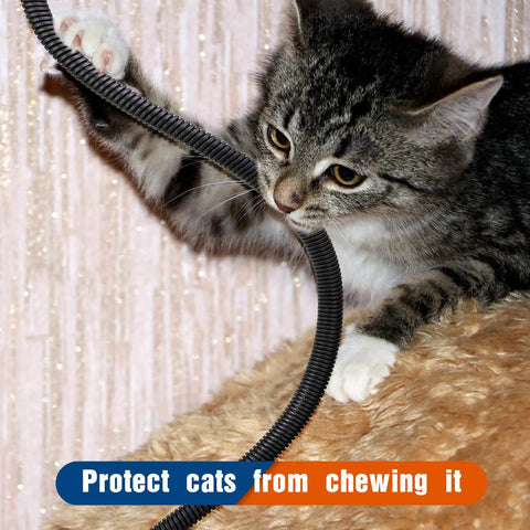 Cat interacting with black flexible corrugated cable sleeve from split wire loom tubing assortment, 300 foot value pack.