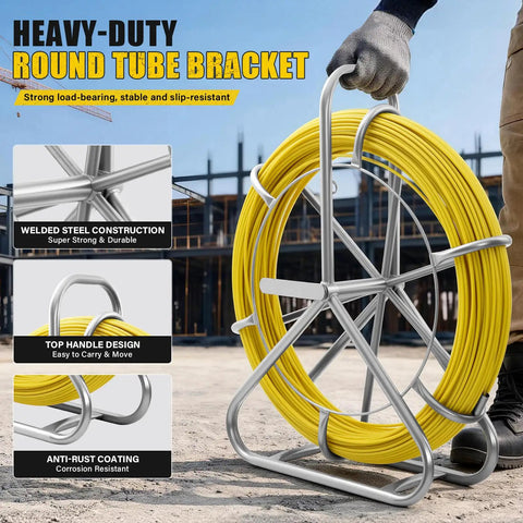 Heavy Duty Pro Grade Fiberglass Fish Tape 656 Ft Duct Rodder Wire Puller With Steel Reel Stand For Walls And Electrical Conduit Built To Last Ultra Flexible High Tensile Fiberglass Rod Easy Through Tight Bends With 13 Inch Minimum Radius, steel reel stand