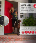 Woman with dog leaving house showing SmartCode 270 Keyless Entry Door Lock With Touchpad For No Keys Needed Auto Lock installed.