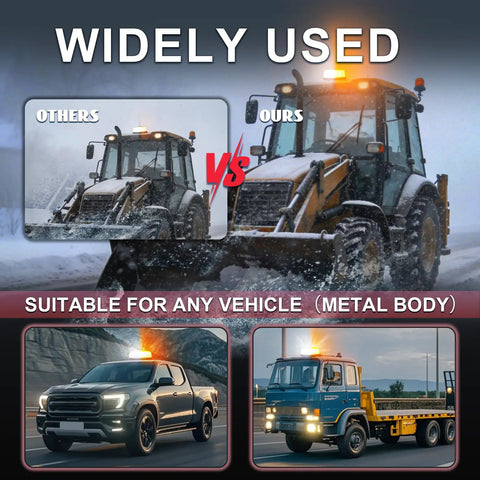 Comparison image of Top Shelf Led Roof Top Warning Light Amber And White 12V 24V Truck Strobe Beacon on various vehicles.