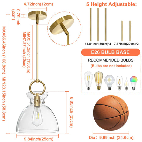 Super Sleek Brushed Gold Pendant Light For Kitchen Island Featuring Fully Adjustable Hanging Cord And Large Clear Glass Shade dimensions and details.