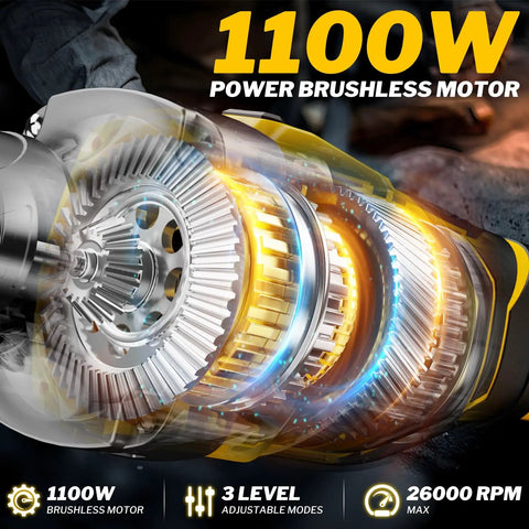 Heavy Duty Game Changer 1100W Brushless Cordless Die Grinder motor display with 26000 RPM for high torque performance.