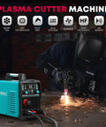 Dual Voltage 110 To 220V Pilot Arc Plasma Cutter Beast Mode With 50A Power in action cutting metal in workshop with LED display.