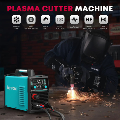 Dual Voltage 110 To 220V Pilot Arc Plasma Cutter Beast Mode With 50A Power in action cutting metal in workshop with LED display.