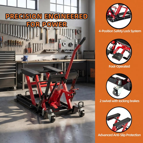 Beefy 1500 Lbs Hydraulic Motorcycle Lift Jack With Four Wheel ATV Scissor Lift Foot Operated Hoist in garage setting.