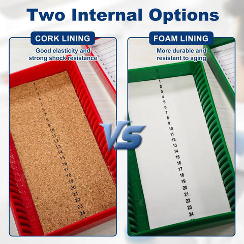 Comparison of two internal options for Top Tier Microscope Slide Storage Box With Heavy Duty Foam Liner.