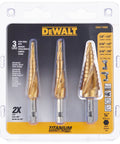 Step Drill Bit Set For Metal And Wood, 3 Piece Titanium Nitride Coated, 31 Hole Sizes From One Eighth To Seven Eighths Inch, One Quarter Inch Hex Shank, Impact Driver Ready, Dewalt DWA1790IR in retail packaging.