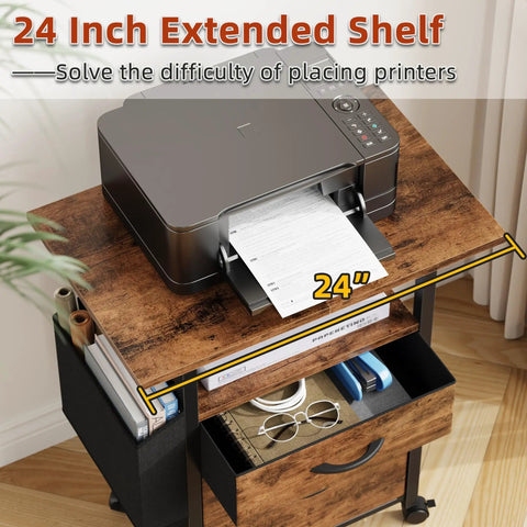 2 Drawer File Cabinet With 24 Inch Extended Desktop On Wheels Mobile Rolling Filing Cabinet With Fabric Drawers Fits A4 And Letter Size Printer Stand For Your Home Office Setup Light Brown