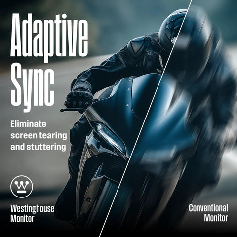 Comparison of Westinghouse monitor with adaptive sync vs conventional monitor, showing improved clarity in motorcycle image