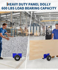 Heavy Duty Panel Moving Dolly With 600 Lb Capacity in use, showing all terrain 10 inch inflatable tires and adjustable clamp