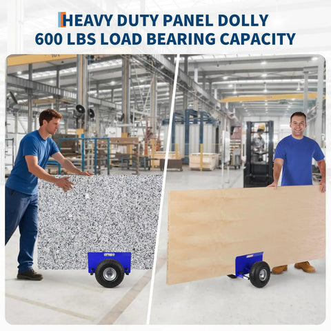 Heavy Duty Panel Moving Dolly With 600 Lb Capacity in use, showing all terrain 10 inch inflatable tires and adjustable clamp