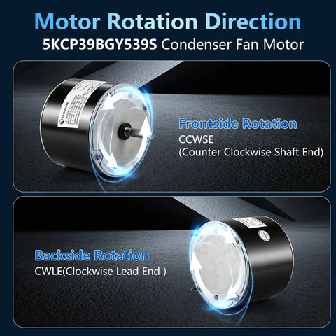 Top Notch Replacement Condenser Fan Motor 1/5 HP 1100 RPM 208-230V Copper Core Winding showing rotation directions CCWSE and CWLE.