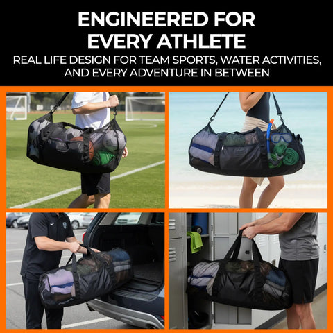 Massive 129L 35 Inch Mesh Duffle Bag For Scuba Gear Snorkel Sets And Swim Essentials Water Resistant Mesh in various settings.