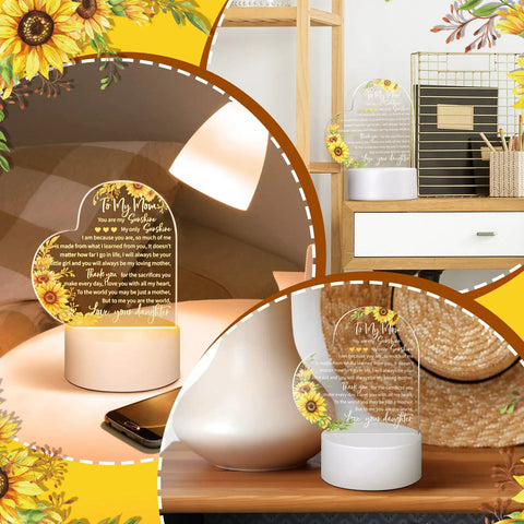 From Daughter And Son Sunflower Engraved Acrylic Heart Night Light For Mom Usb Low Power Table Decor in cozy room setting
