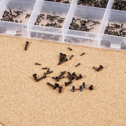 1560 Pieces Black Flat Head Self Tapping Screws Set for Woodworking and Electronics, organized in clear box compartments