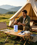 A man using a solid mini portable washing machine with three speed gears for effortless underwear and sock cleaning outdoors.