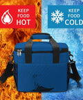 Nautical Style Insulated Cooler Tote For Travel And Picnics Large Lunch Bag with flames and ice background showing hot and cold options.