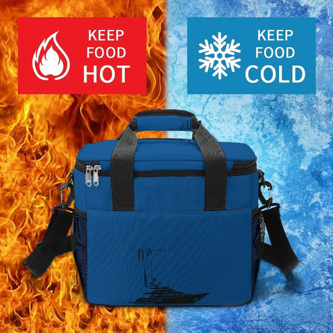Nautical Style Insulated Cooler Tote For Travel And Picnics Large Lunch Bag with flames and ice background showing hot and cold options.