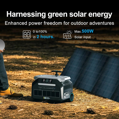 Portable Power Station 2048Wh LiFePO4 Battery Solar Generator With 2400W Continuous Output and solar panel outdoors